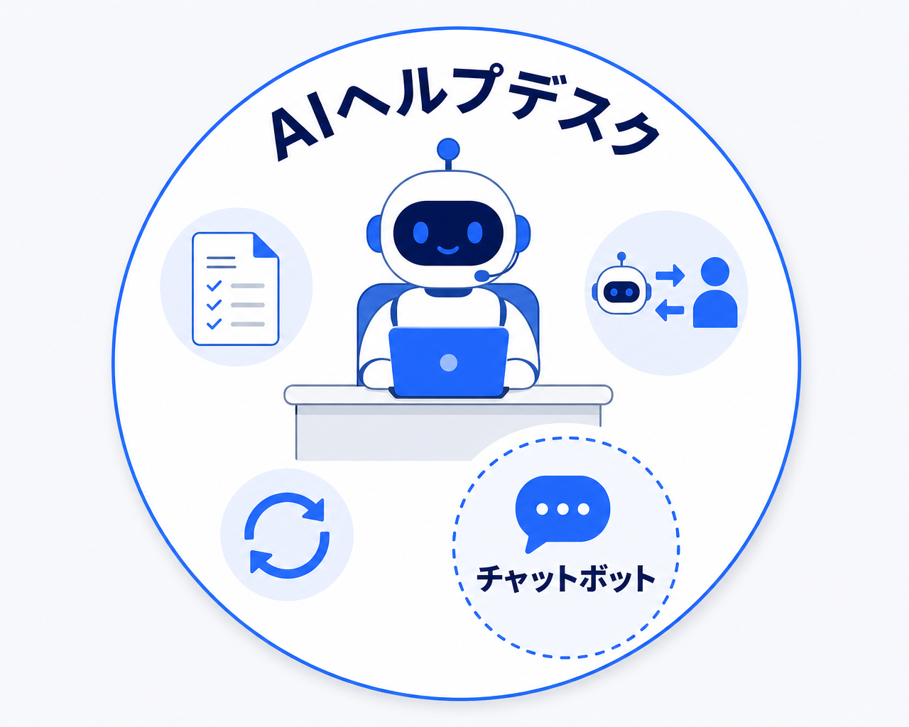 AIヘルプデスクとチャットボットの包含関係を示した図。問い合わせ対応業務全体の仕組みであるAIヘルプデスクの中に、チャットボット・FAQ検索・有人への引き継ぎ・ナレッジ更新が部品として含まれることを表す